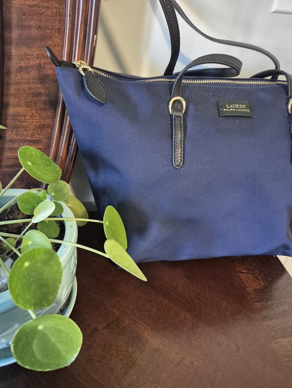LAUREN Ralph Lauren Navy  Nylon Tote with Gold Hardware. Black Leather Handle - Picture 5 of 5
